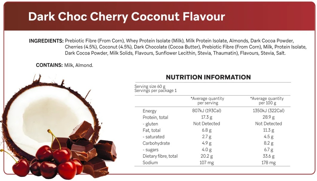 Smart Protein Bar Dark Choc Cherry Coconut Nutrition Panel