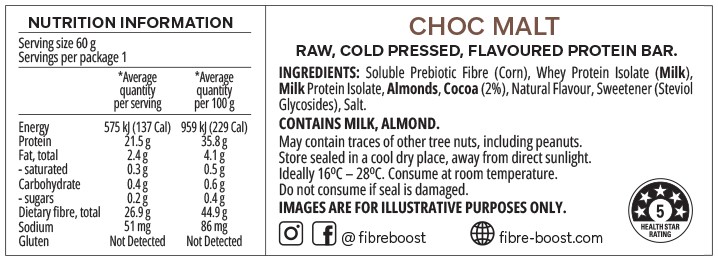 Fibre Boost Cold Pressed Protein Bars Choc Malt Nutrition Panel