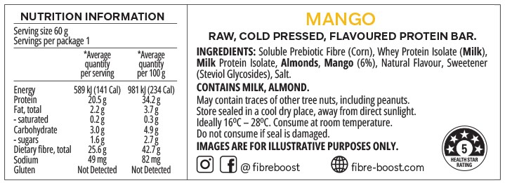 Fibre Boost Cold Pressed Protein Bars Mango 60g Nutrition Panel