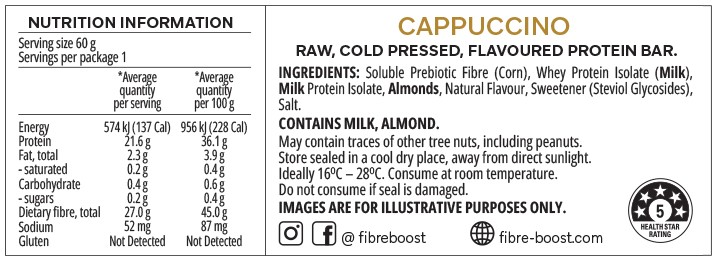Fibre Boost Cold Pressed Protein Bars Cuppuccino 60g Nutrition Panel