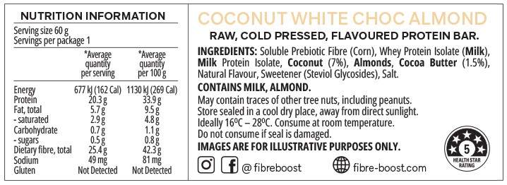Fibre Boost Cold Pressed Protein Bars Coconut White Choc Almond 60g Nutrition Panel