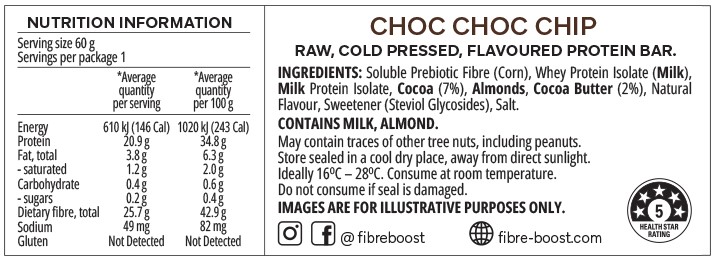 Fibre Boost Cold Pressed Protein Bars Choc Choc Chip 60g Nutritional Panel