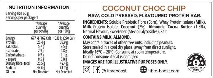  Fibre Boost Cold Pressed Protein Bars Cookie Dough 60g Nutrition Panel