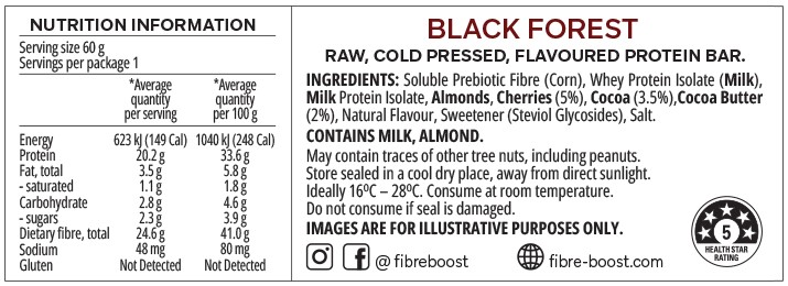 Fibre Boost Cold Pressed Protein Bars black Forrest 60g Nutritional Panel