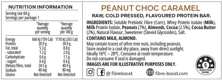 Fibre Boost Cold Pressed Protein Bars Peanut Choc Caramel 60g nutrition panel