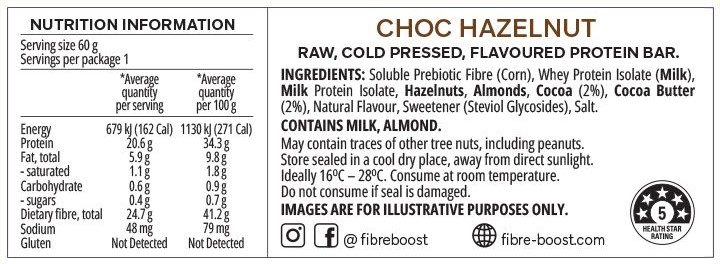 Fibre Boost Cold Pressed Protein Bars Choc Hazelnut Nutritional information ingredient list