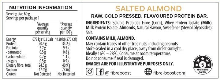 Fibre Boost Cold Pressed Protein Bars Salted Almond Nutrition Panel
