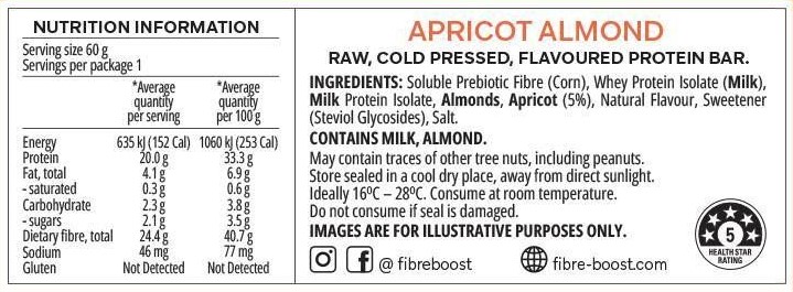 Fibre Boost Cold Pressed Protein Bars Apricot Almond nutrition panel