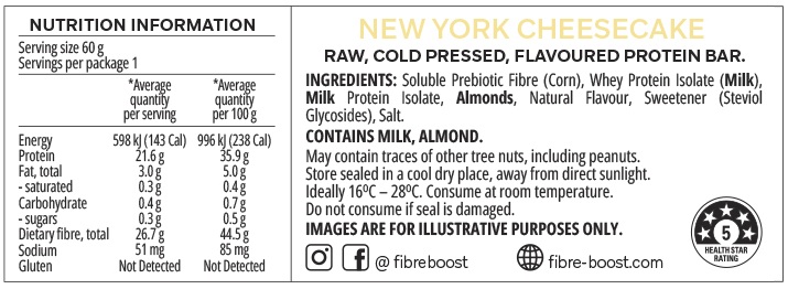 Fibre Boost New York Cheesecake nutrition Panel