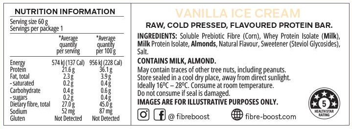 Fibre Boost Cold Pressed Protein Bars Vanilla Ice Cream Nutrition Panel