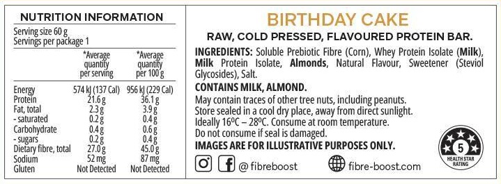 Fibre Boost Cold Pressed Protein Bars Birthday Cake 60g Box of 12 Cream Nutrition Panel
