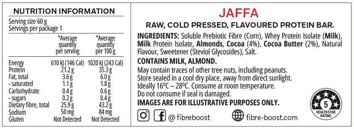 Fibre Boost Cold Pressed Protein Bars Jaffa nutritional Profile