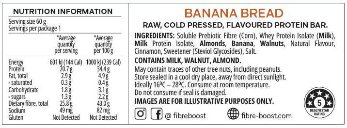 Fibre Boost Cold Pressed Protein Bars Banana Bread 60g Box of 12 ingredients