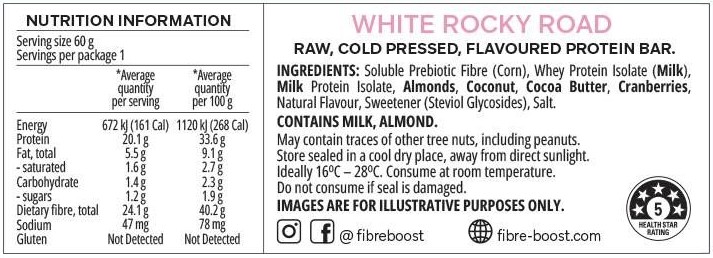 Fibre Boost Cold Pressed Protein Bars White Rocky Road nutrition panel