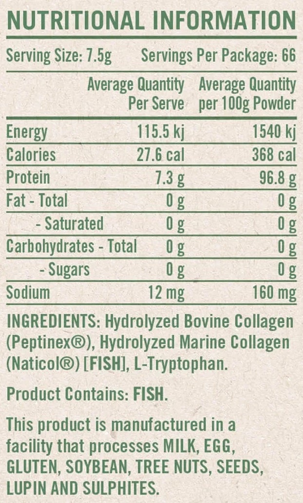 Rapid Supplements Total Collagen Peptides nutrition panel