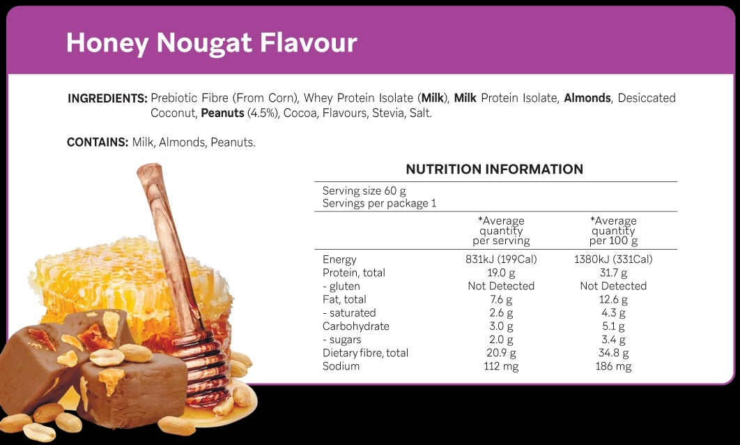 Smart Protein Bar Honey Nougat 60g Box of 12 nutrition panel